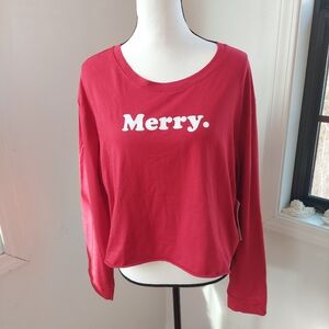 Electric Pink Women's,,MERRY" Neck Shirt RED  Cotton Sleeves Size XL Holiday NWT